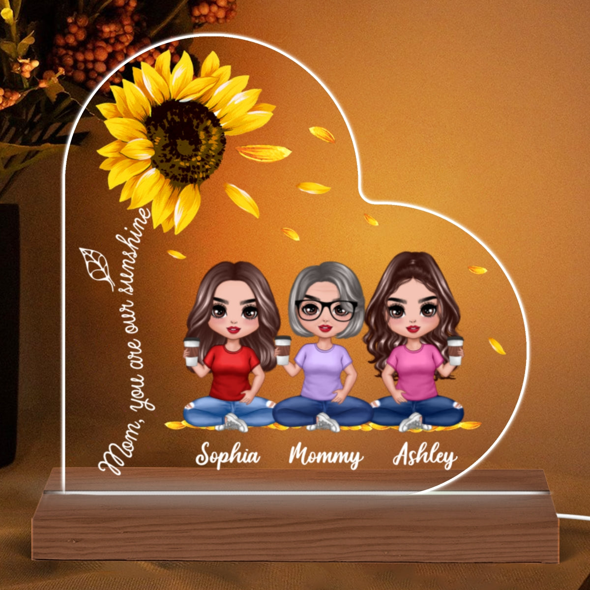 Mom You Are My Sunshine Sun Flower Sitting Doll Personalized Heart Plaque LED Night Light