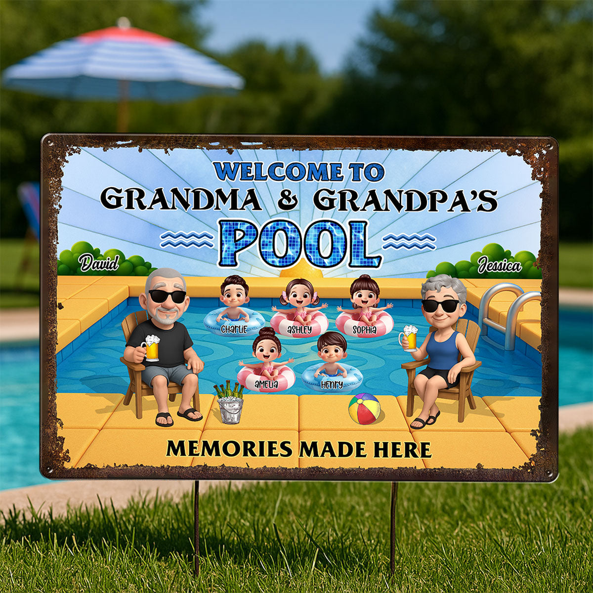 Grandparents Sitting with Grandkids Personalized Metal Sign, Grandparents Hosting Grandkids Summer Swimming Pool Sign