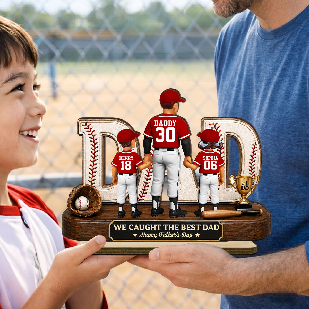 No 1 Baseball Dad Legend We Caught The Best Dad - Personalized 2-Layered Wooden Plaque - Father's Day Gift For Dad, Husband