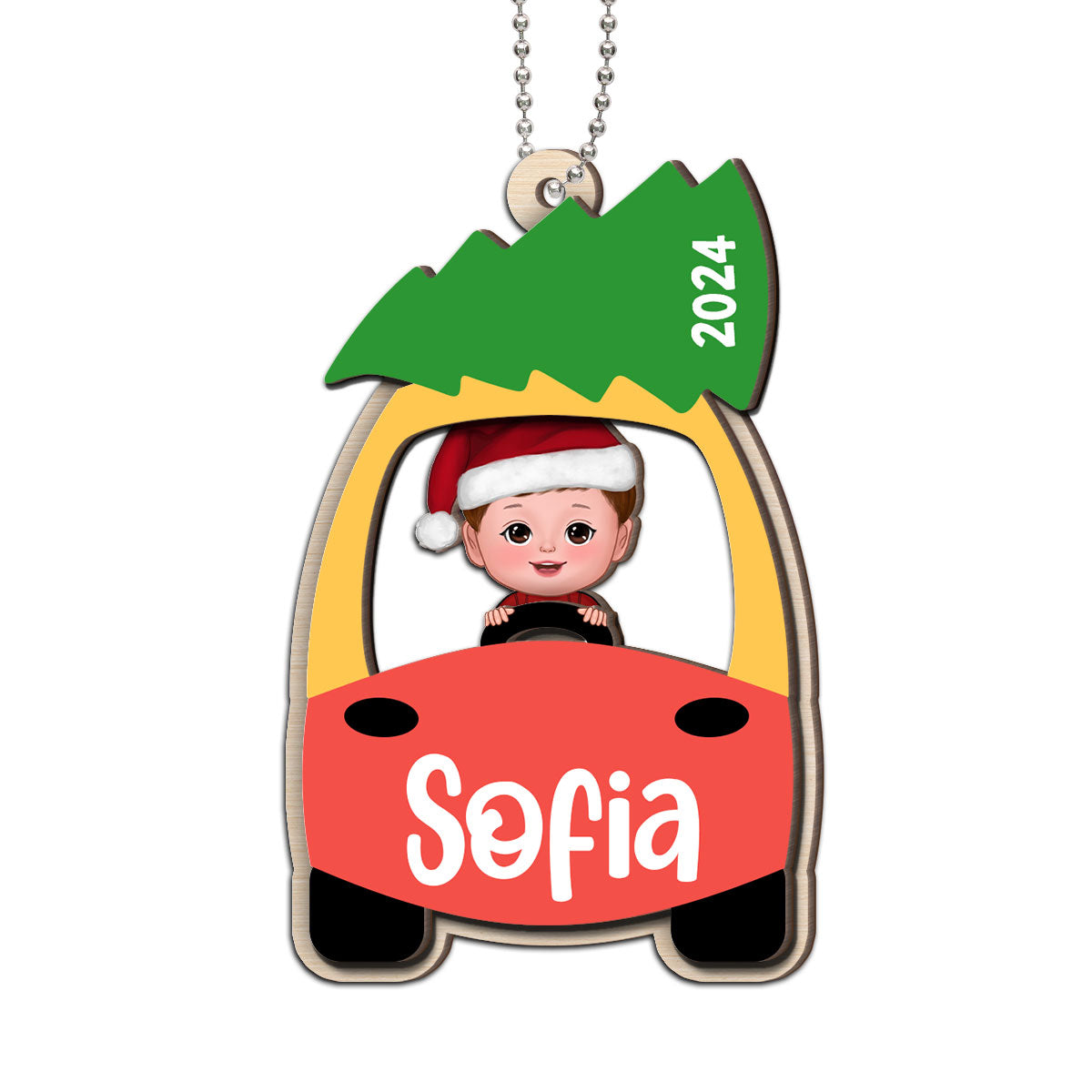 Kid On Christmas Toy Car First Christmas Personalized 2-Layer Wooden Ornament