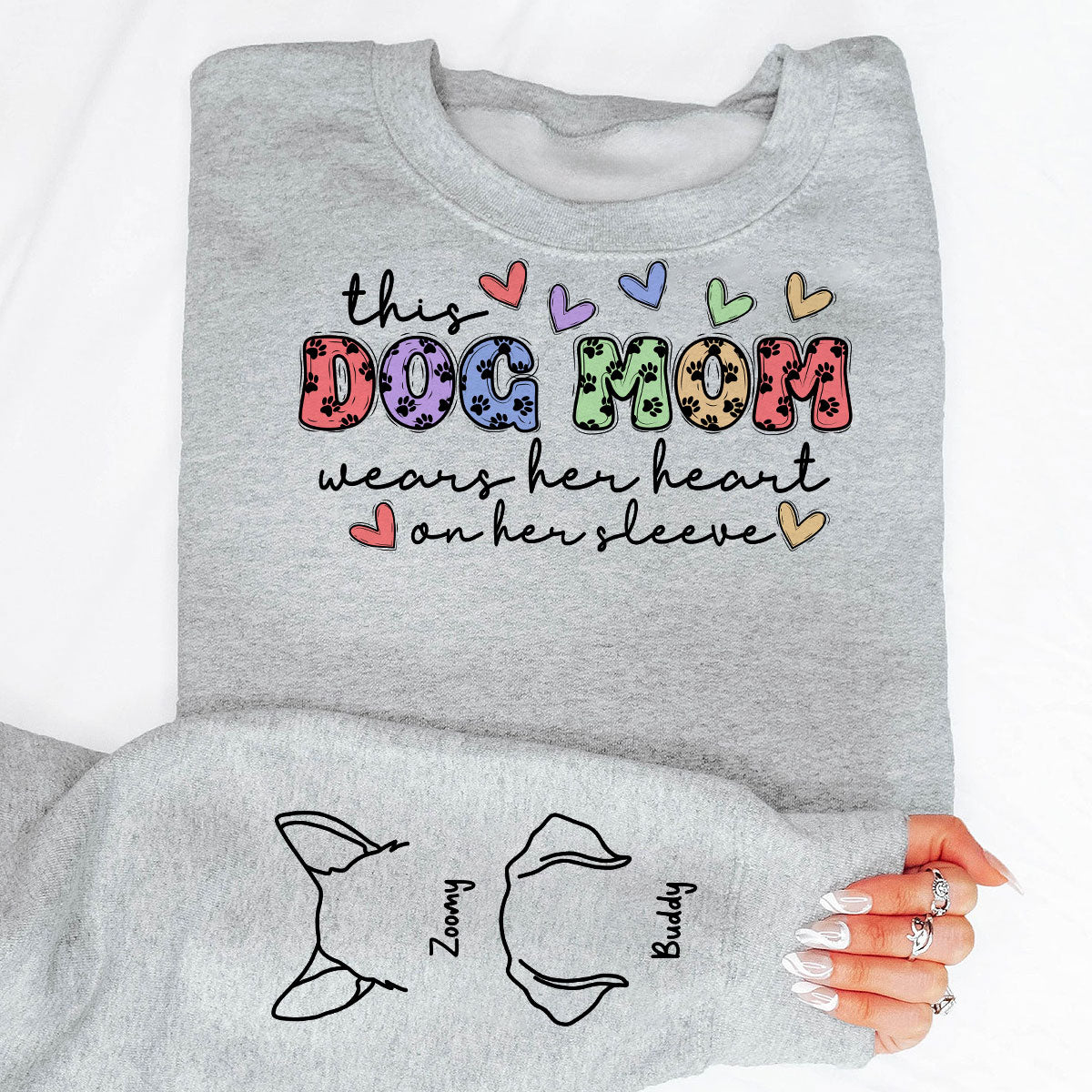 Dog Mom Colorful Paw Pattern, This Dog Mom Wears Her Heart On Her Sleeve, Custom Dog Name, Dog Mama, Personalized Sleeve Printed Sweatshirt