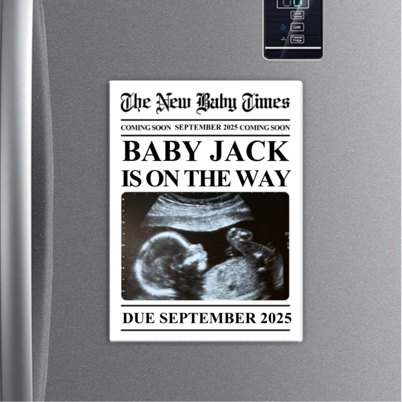 Newspaper Baby Coming Soon Personalized Acrylic Fridge Magnet, Unique Pregnancy Announcement