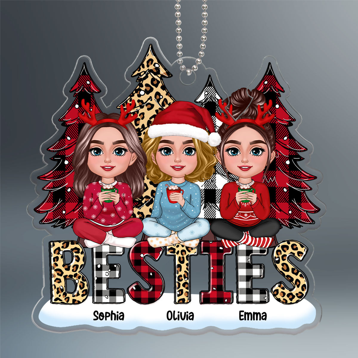 Leopard Checkered Pattern Christmas Tree Besties Sisters Personalized Circle Ornament