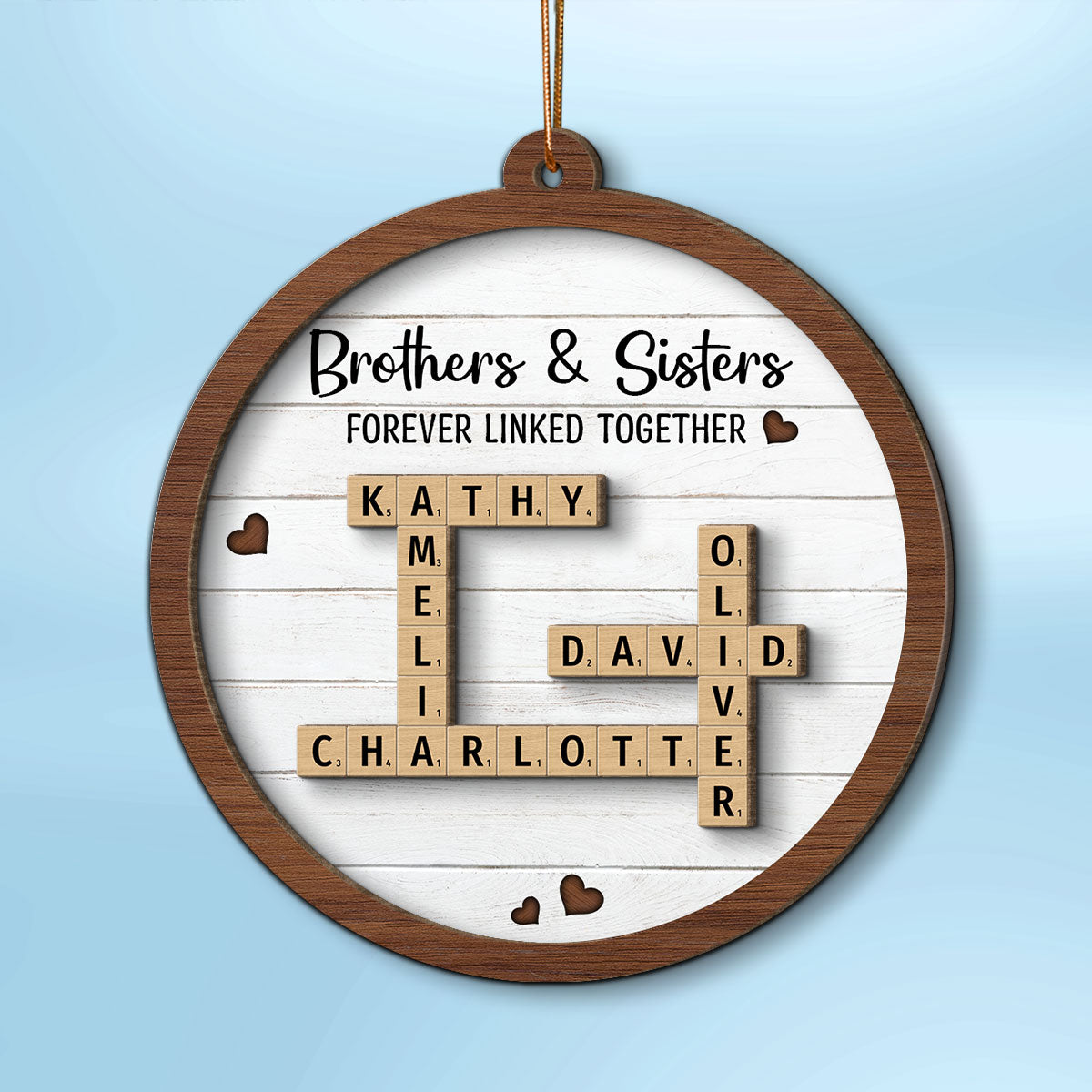 Brothers & Sisters Forever Linked Together Crossword Puzzle Art Personalized 2-Layer Wooden Ornament, Gift For Brothers, Sisters, Siblings, Family