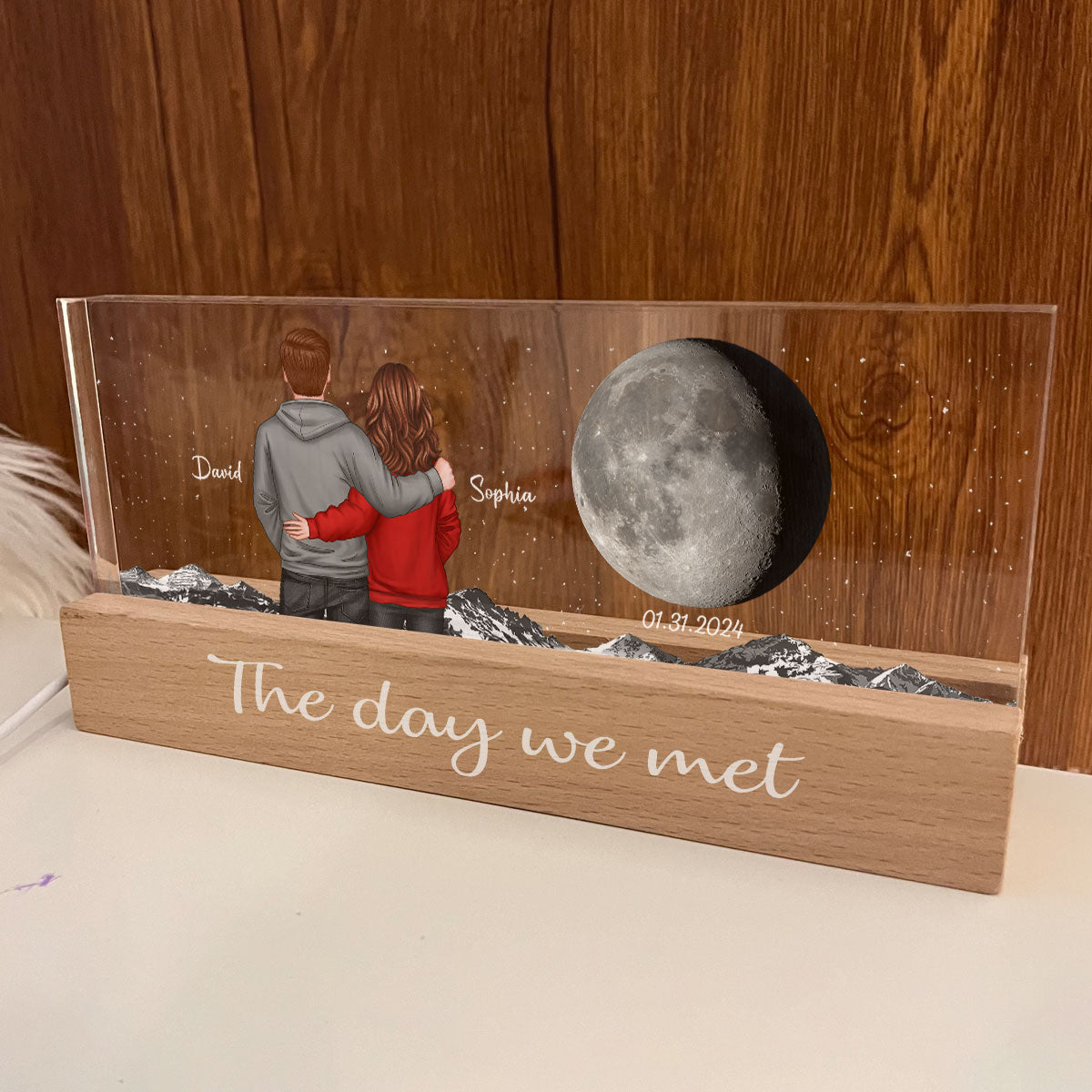 Back View Couple Custom Moon Phases The Day We Met Personalized Acrylic Block LED Night Light, Heartfelt Gift For Couple, For Him, For Her, Boyfriend, Girlfriend, Husband, Wife