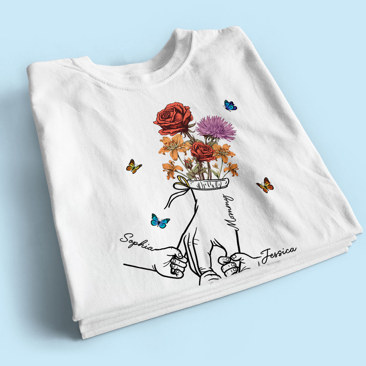Holding Mom Grandma Hand Birth Month Flowers Personalized Shirt