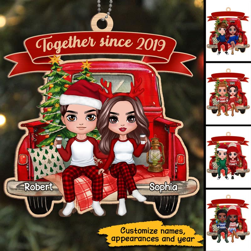 Doll Couple Truck Back View Personalized Wooden Ornament