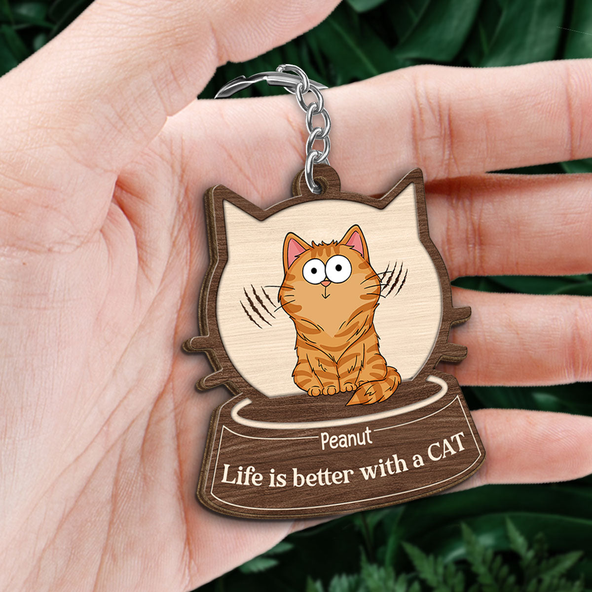 Cat Face Shaped Funny Cat Expressions Personalized Wooden Keychain