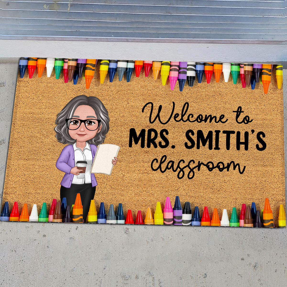 Teacher Classroom Crayon Border - Personalized Doormat - Back To School Gift, Classroom Decoration