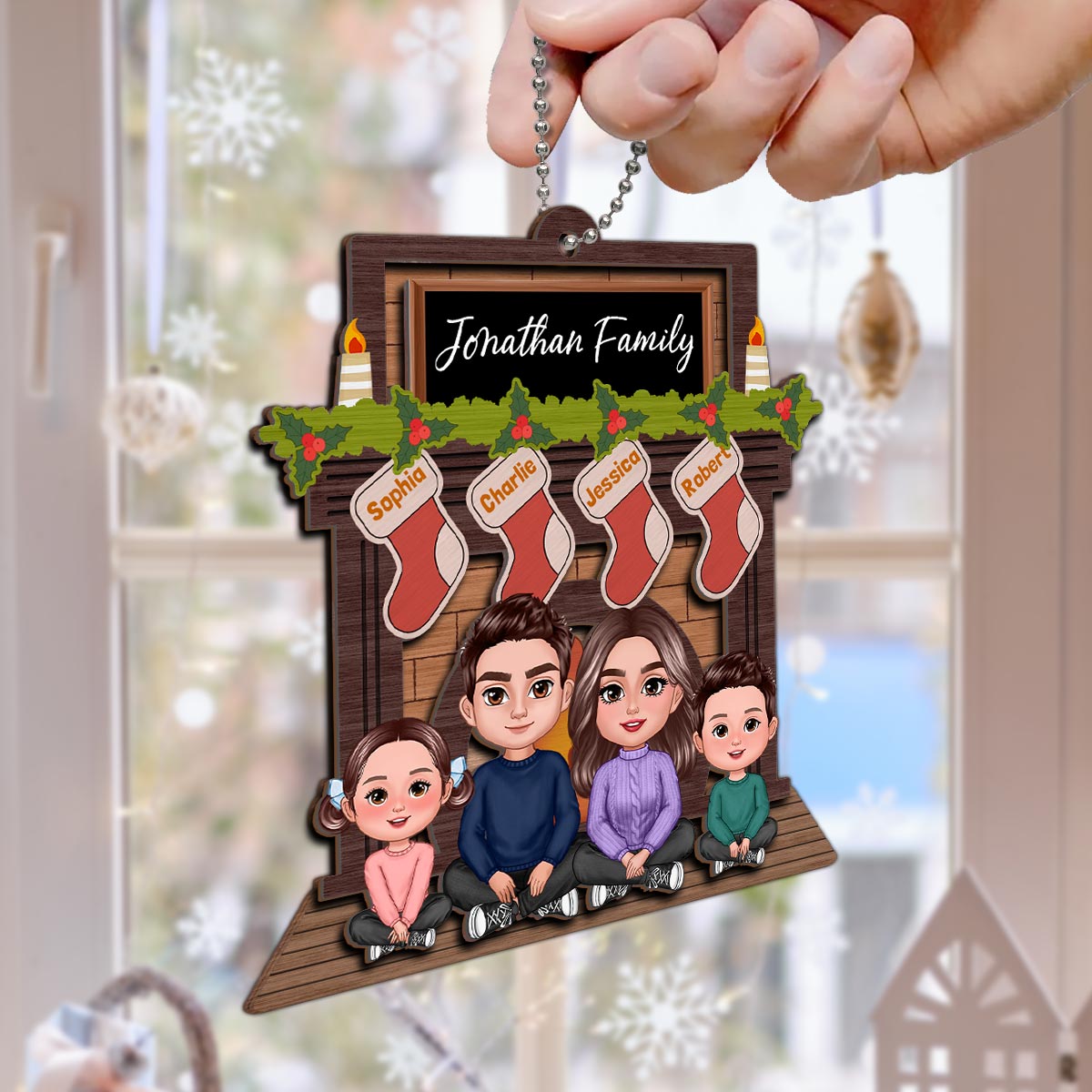 Whole Family Sitting At Christmas Fireplace Personalized 2-Layer Wooden Ornament