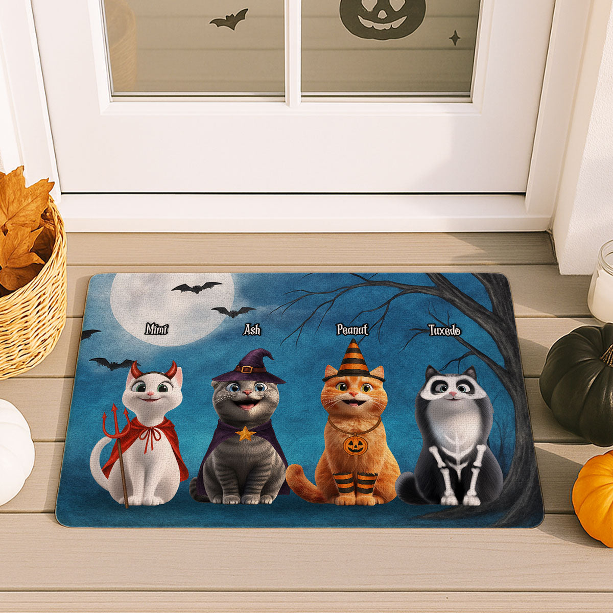 Halloween Cute Cats Sitting in the Moon Light Personalized Doormat, Halloween Decor for Cat Lovers