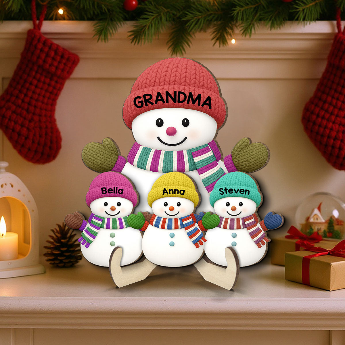 Christmas Grandma Grandkids Snowman Together - Personalized 2-Layered Wooden Plaque - Gift For Grandmas