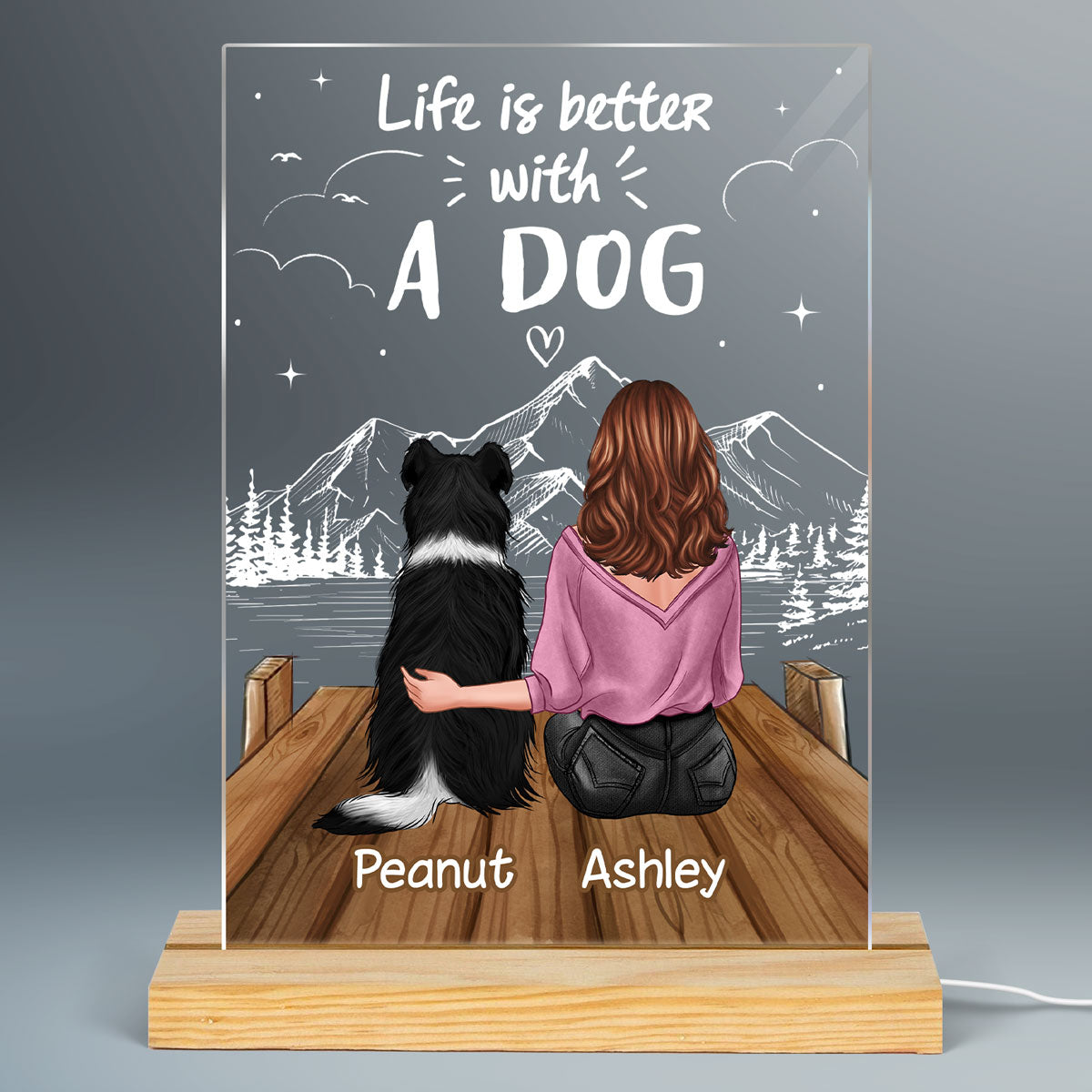 Life Is Better With Dogs Woman And Dog On The Bridge Personalized Rectangle Acrylic Plaque LED Lamp Night Light