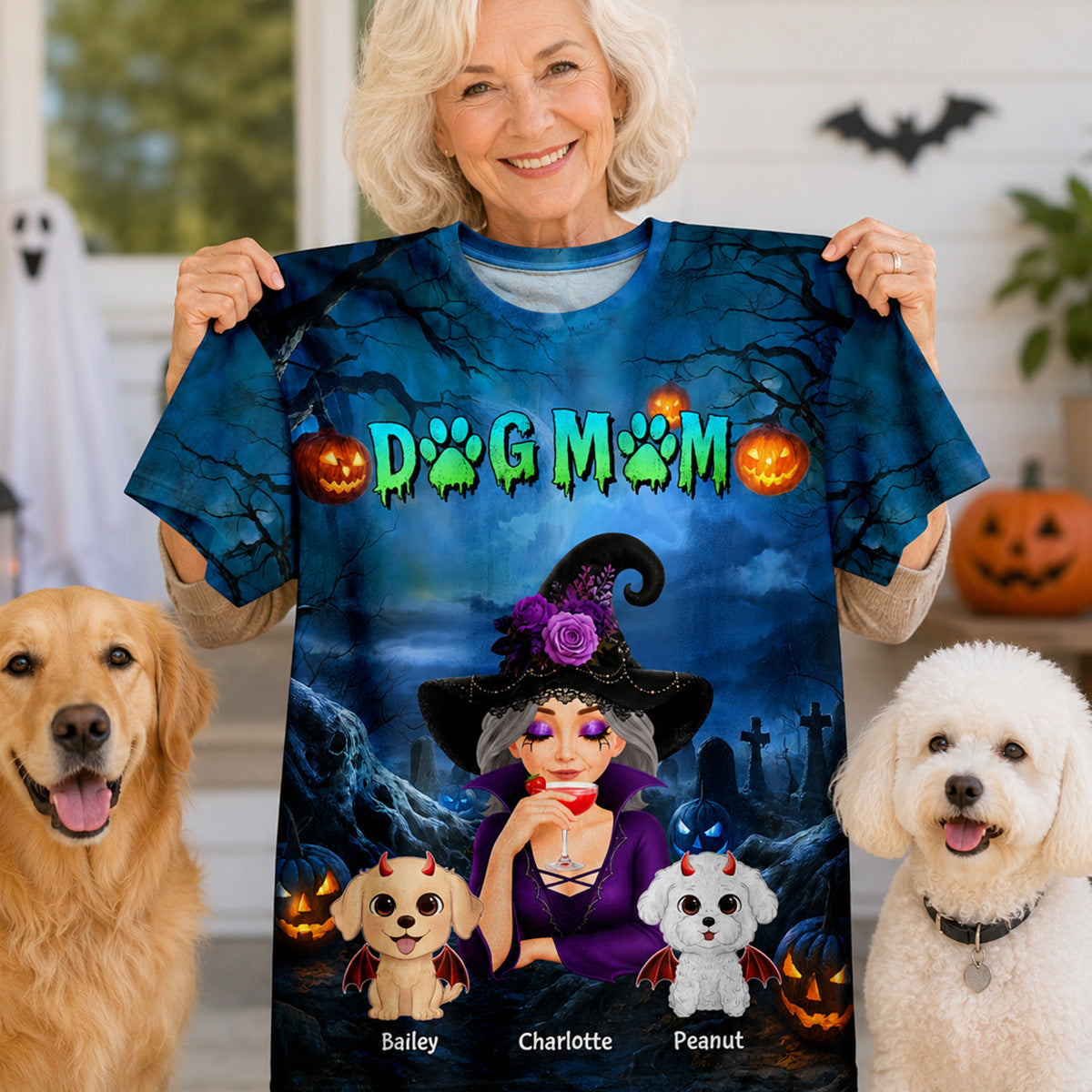 Dog Mom In Halloween Night Blue Theme - Personalized Shirt - Halloween Costume for Dog Lovers