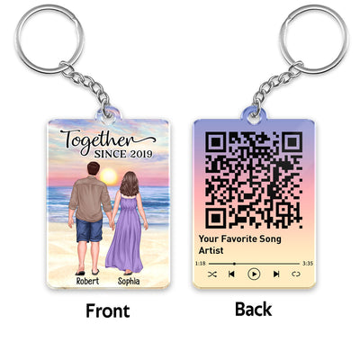 Back View Couple Walking At Beach Favorite Song QR Code Personalized Acrylic Keychain