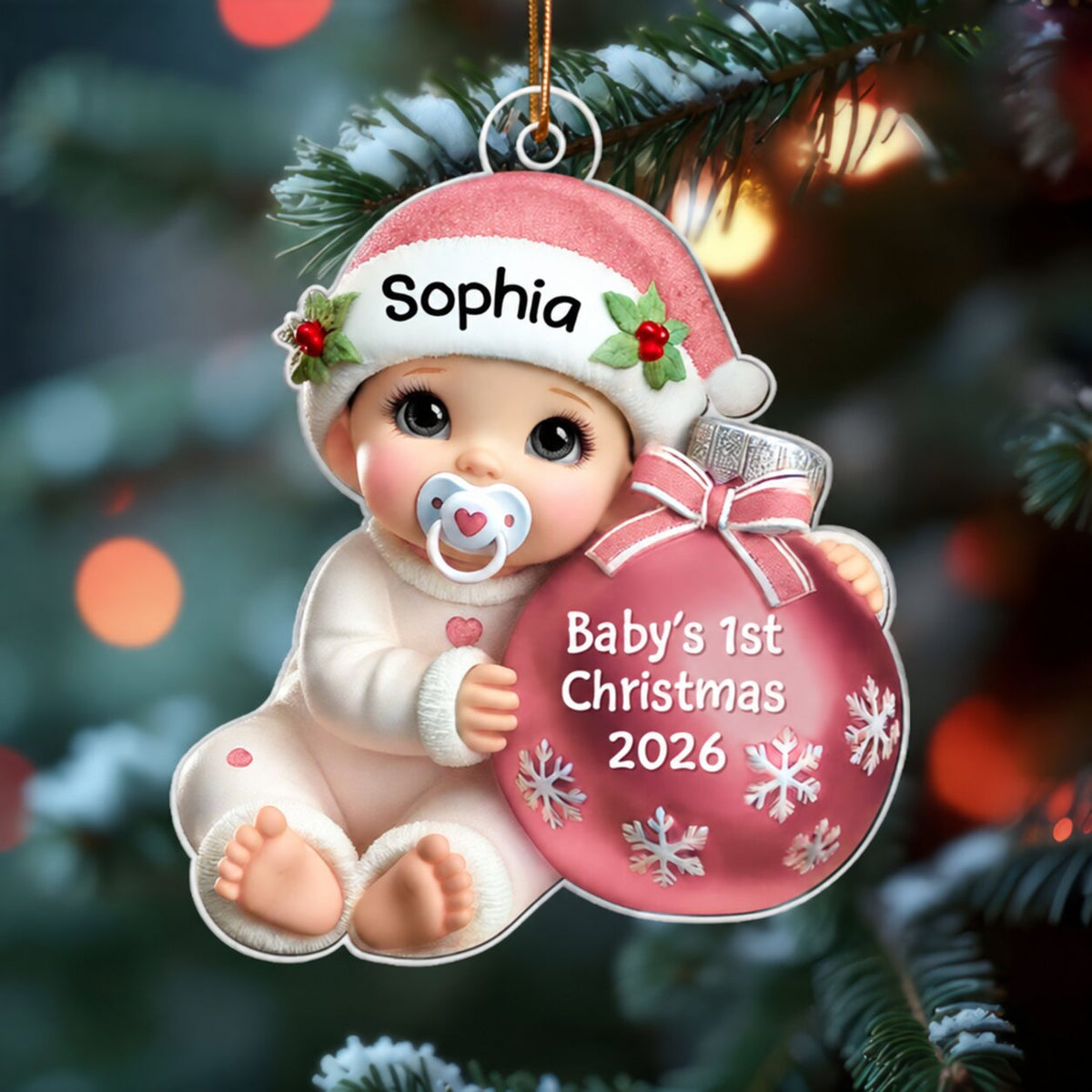 Baby Beside Christmas Bauble 3D Effect Baby's First Christmas Personalized Acrylic Flat Ornament