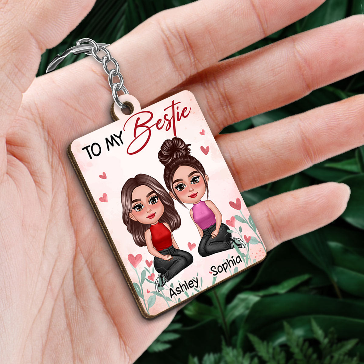 Pretty Doll To My Bestie Heart Flower Personalized Wooden Keychain
