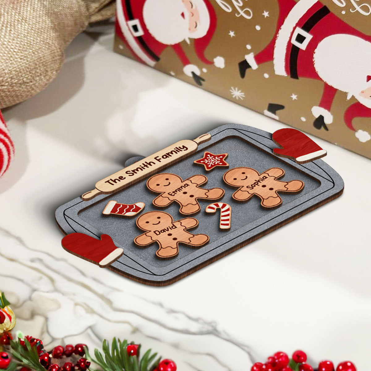 Gingerbread Family On Baking Tray Christmas Personalized 3-Layer Wooden Ornament