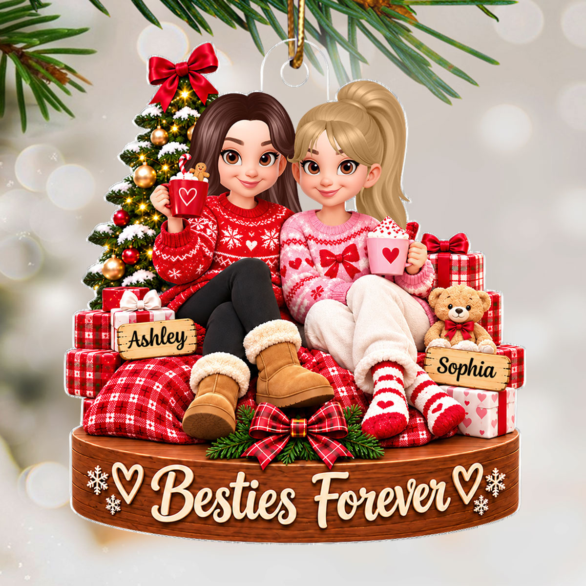 Besties Forever Custom Names Christmas Girls - Personalized Acrylic Ornament - Christmas Gift For Best Friends, Besties, BFF, Soul Sisters