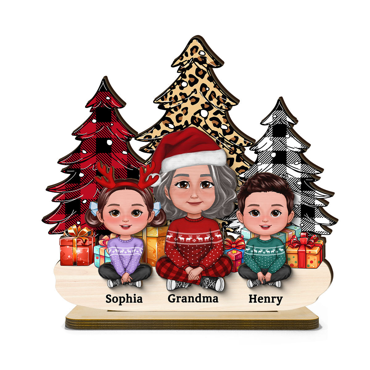 Leopard Checkered Christmas Tree Grandma & Grandkids Tabletop Decor Personalized 2-Layer Standing Wooden Plaque
