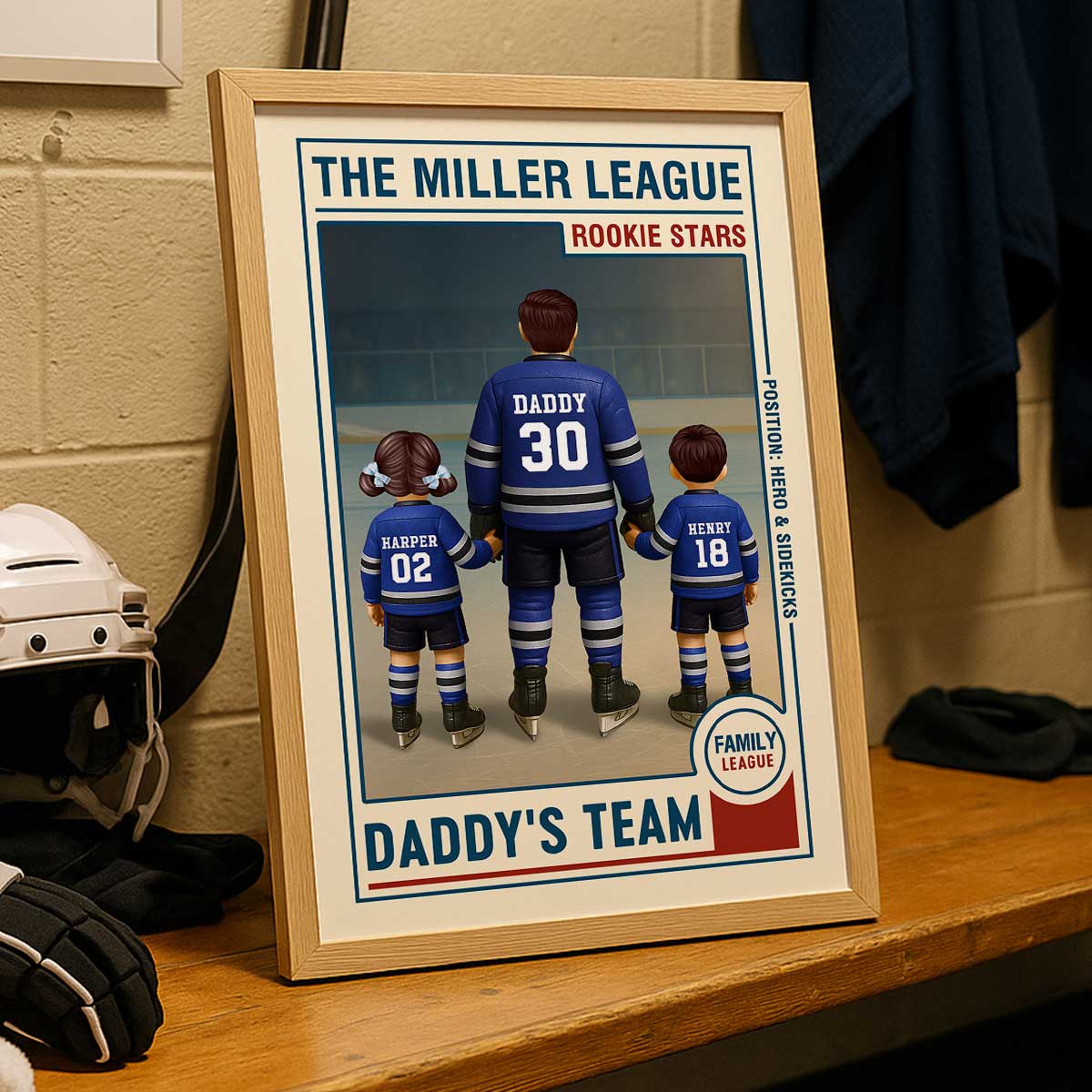 Family League Daddy's Team No. 1 Dad Man & Kids Hockey Retro Personalized Poster
