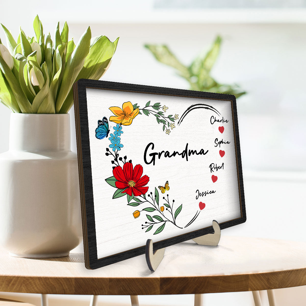 Grandma Mom Hearts Flower Kids Names Personalized 2-layer Wooden Plaque