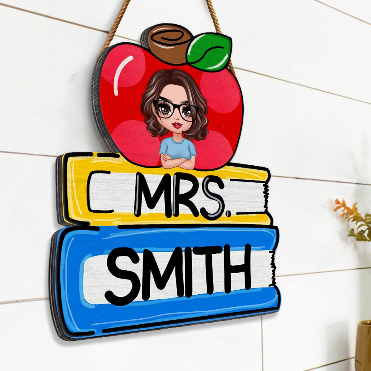Teacher Apple And Books Personalized Wood Sign, Teacher Appreciation Gift, Classroom Decor, Welcome Back To School