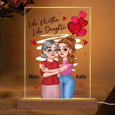 Red Hearts Like Mother Like Daughters Cartoon Hugging Mom Daughters Personalized Rectangle Acrylic Plaque With LED Night Light