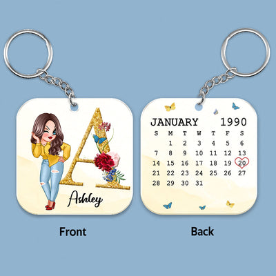 Pretty Girl Doll Woman Birthday Calendar Date Initial & Name Personalized Acrylic Keychain