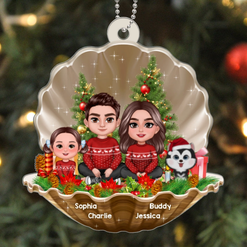 Christmas Pearl Shell Family Sitting Crossed Legs Personalized Acrylic Ornament