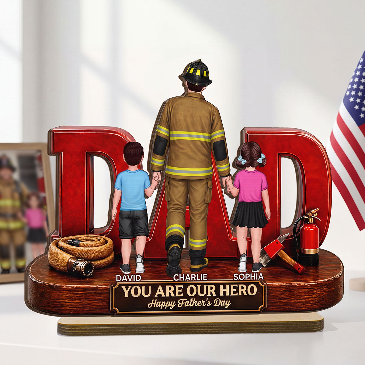 Proud Firefighter Dad You Are Our Hero - Personalized 2-Layered Wooden Plaque - Father's Day Gift For Dad
