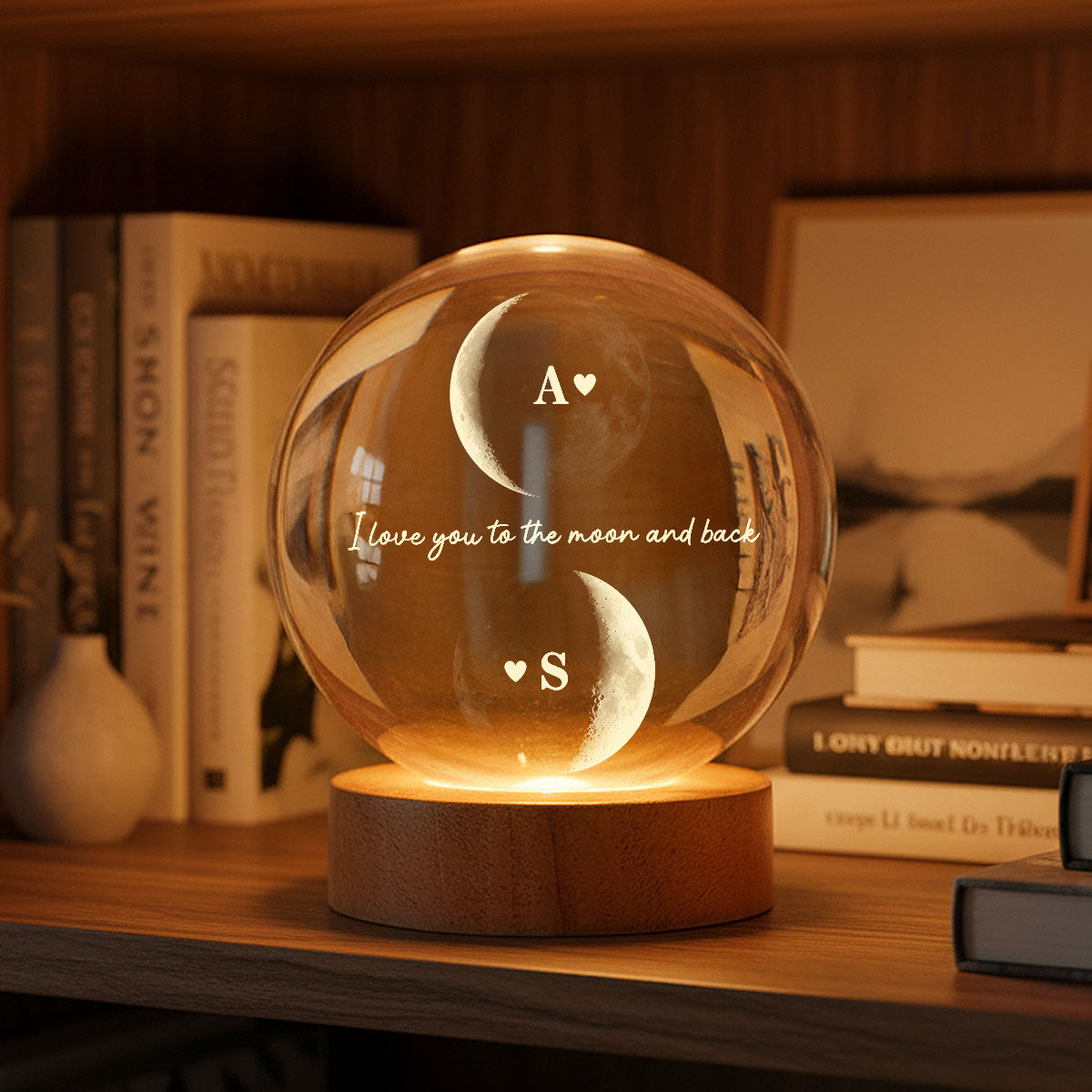 Custom Couple Moon Phase - Personalized Crystal Ball LED Night Light - Valentine's Day Gift For Couple, For Her, For Him