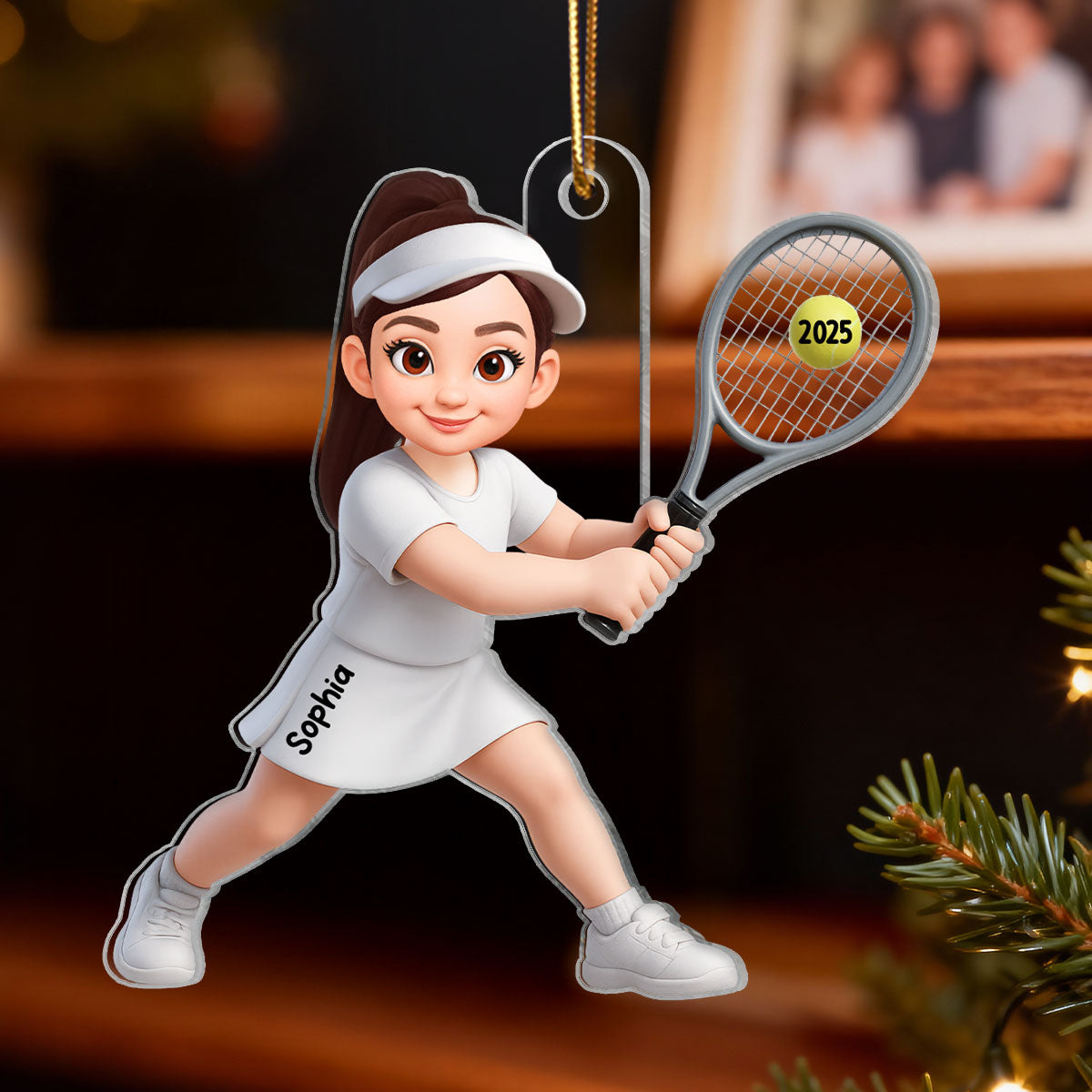 3D Effect Christmas Girl Boy Playing Tennis - Personalized Acrylic Ornament - Gift For Tennis Players, Grandson, Granddaughter