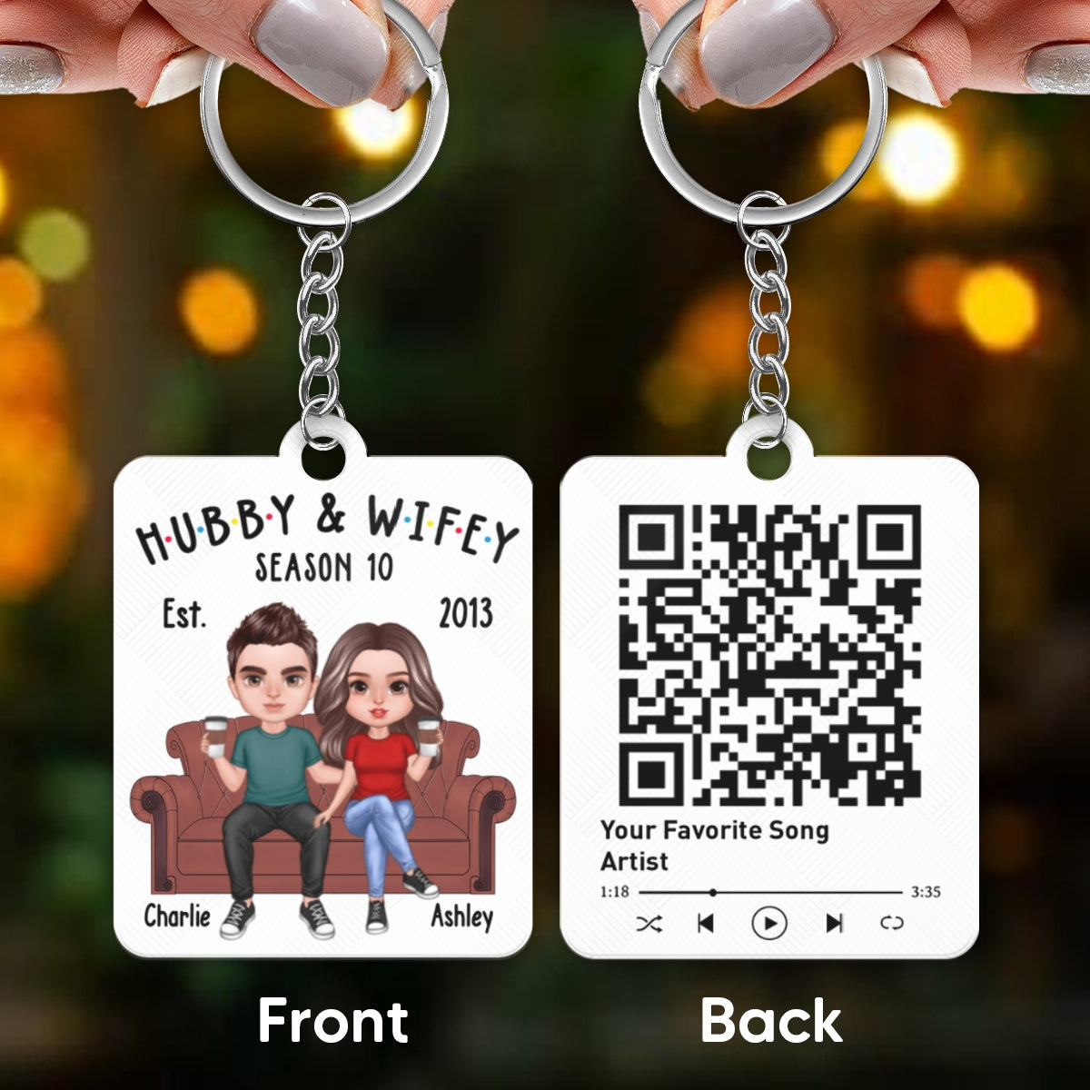 Hubby And Wifey Realistic Couple On Sofa Favorite Song Scannable QR Code Personalized Acrylic Keychain