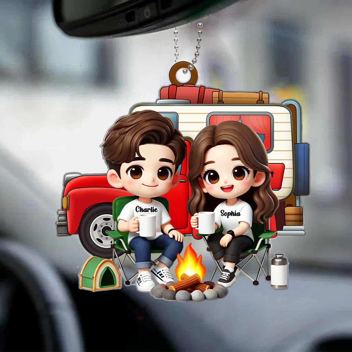 3D Effect Cute Cartoon Camping Couple Personalized Acrylic Car Hanger, Rear View Mirror, Valentine's Day, Anniversary, Birthday Gift for him, for her