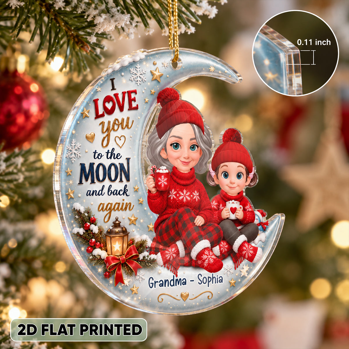 Cute Grandma Grandkids Sitting on Moon - Personalized Acrylic Ornament - Christmas Gift for Grandkids, Grandma