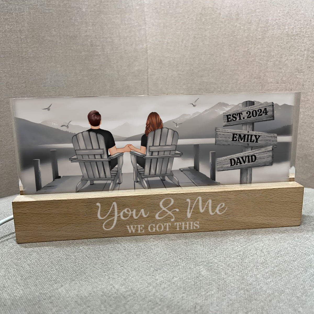 Lake Dock Couple Sitting Holding Hands Sign Posts Personalized Acrylic Block LED Night Light, Home Decoration, Gift For Her, For Him