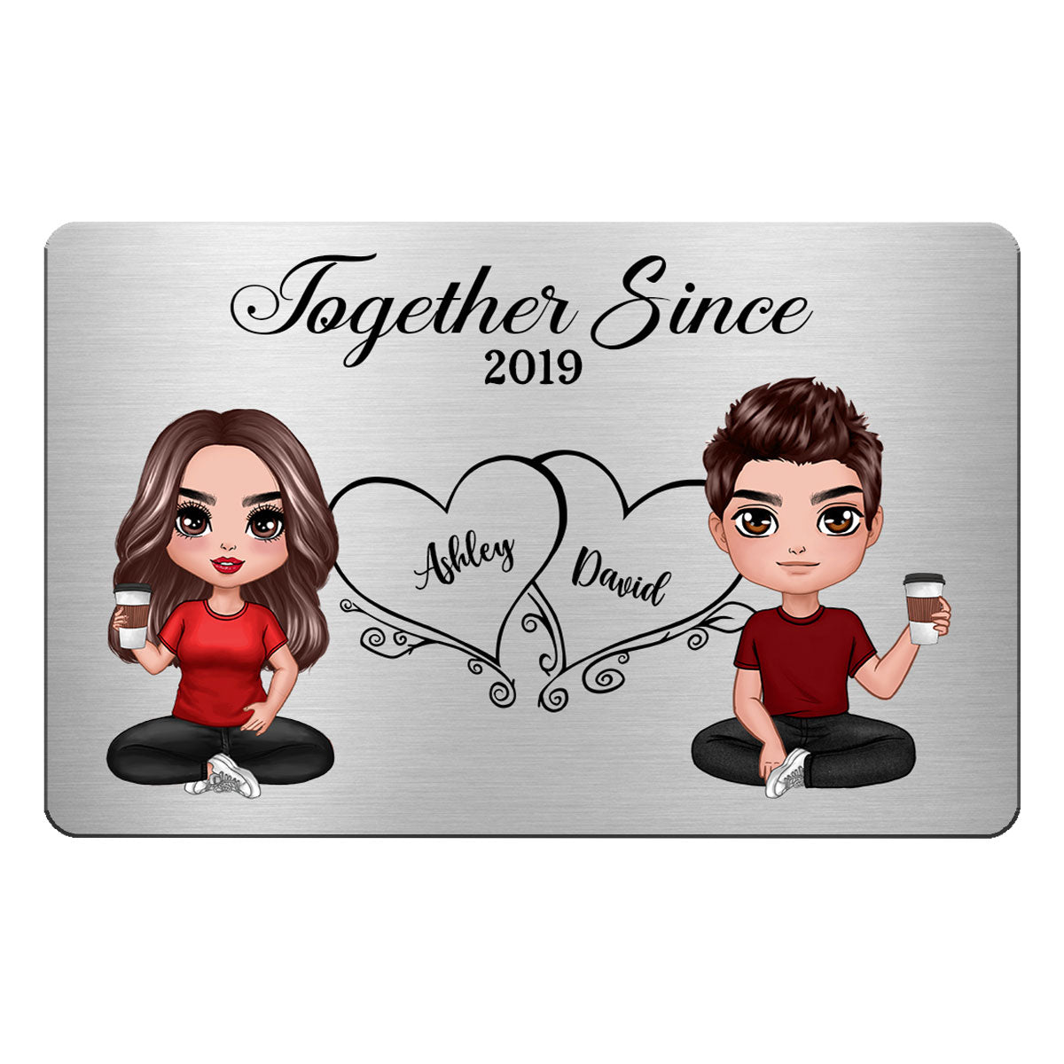 Hearts Doll Couple Sitting Gift For Him Gift For Her Personalized Metal Wallet Card