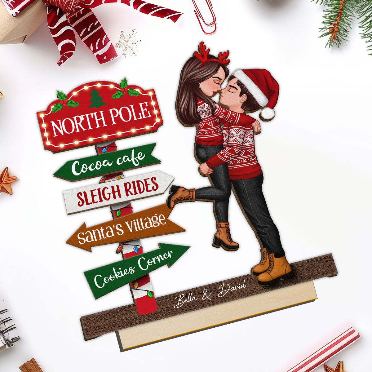 Couple Hugging North Pole Sign Christmas Decor Personalized 2-Layer Standing Wooden Plaque