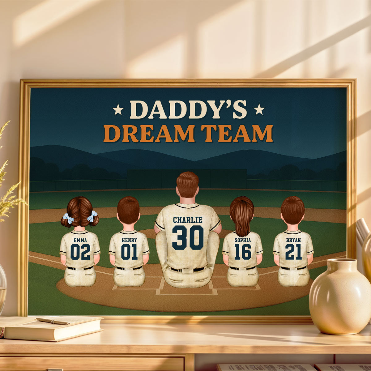 Retro Night Baseball Daddy's Dream Team Personalized Poster, Gift For Dad