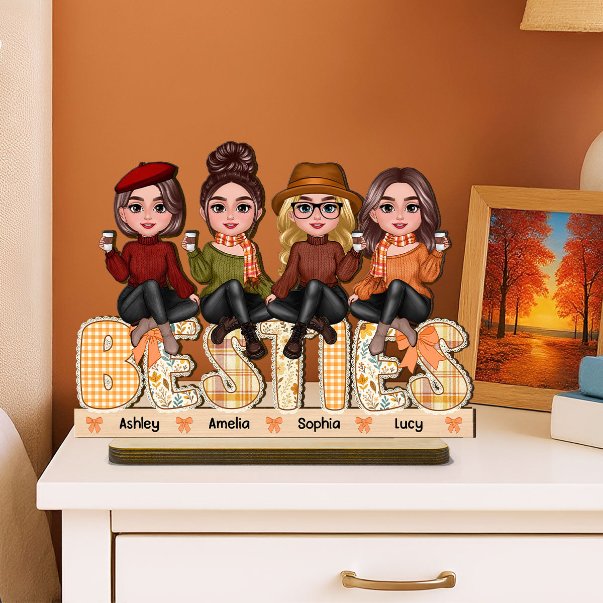 Fall Season Besties Sitting On Text Lace Patterned Personalized Standing Wooden Plaque
