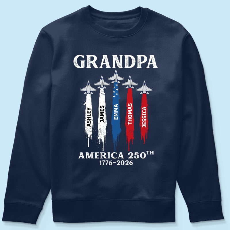 Grandpa Dad Patriotic Jet Fighter Custom Kids Names - Personalized Shirt - Father's Day Gift, America 250th Anniversary, 1776 - 2026