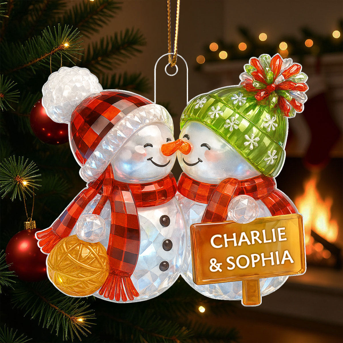 Kissing Snowman Couple 3D Crystal Effect - Personalized Acrylic Ornament