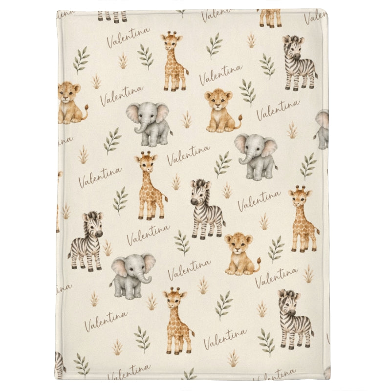 Safari Animal Print Custom Baby Name - Personalized Fleece Blanket - Nursery Jungle Animal Theme For Baby