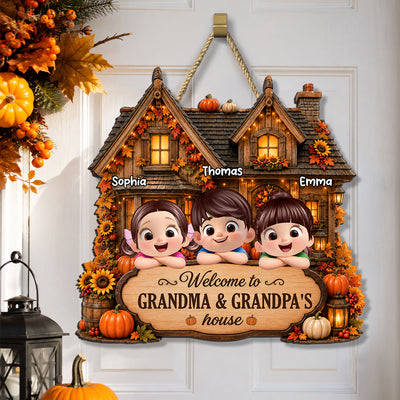 Welcome to Grandma Grandpa Fall Pumpkin House - Personalized Wooden Door Sign - Fall Thanksgiving Farmhouse Gift