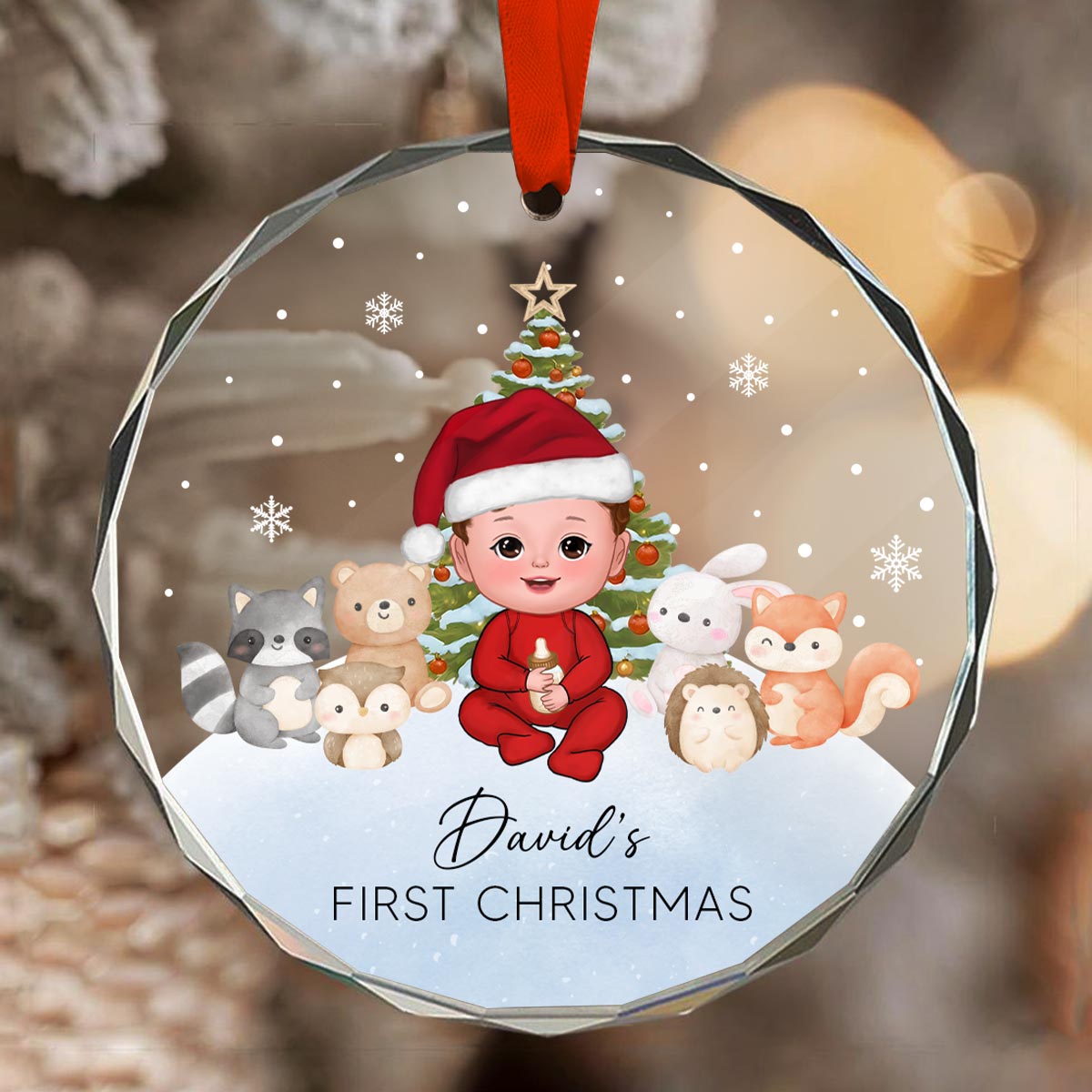 Woodland Animal Baby's First Christmas Personalized Glass Ornament