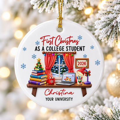 College Student With Desk Design - Personalized Ceramic Ornament - Christmas Gift For New Student, Boy, Girl