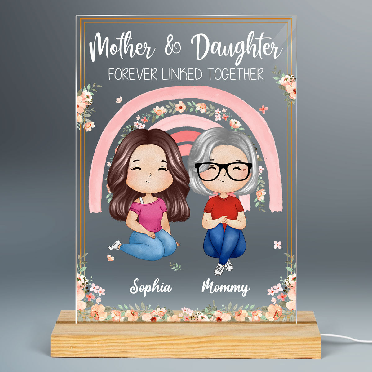 Mother Daughter Forever Linked Together Watercolor Style Women Floral Rainbow Personalized Rectangle Acrylic Plaque LED Night Light