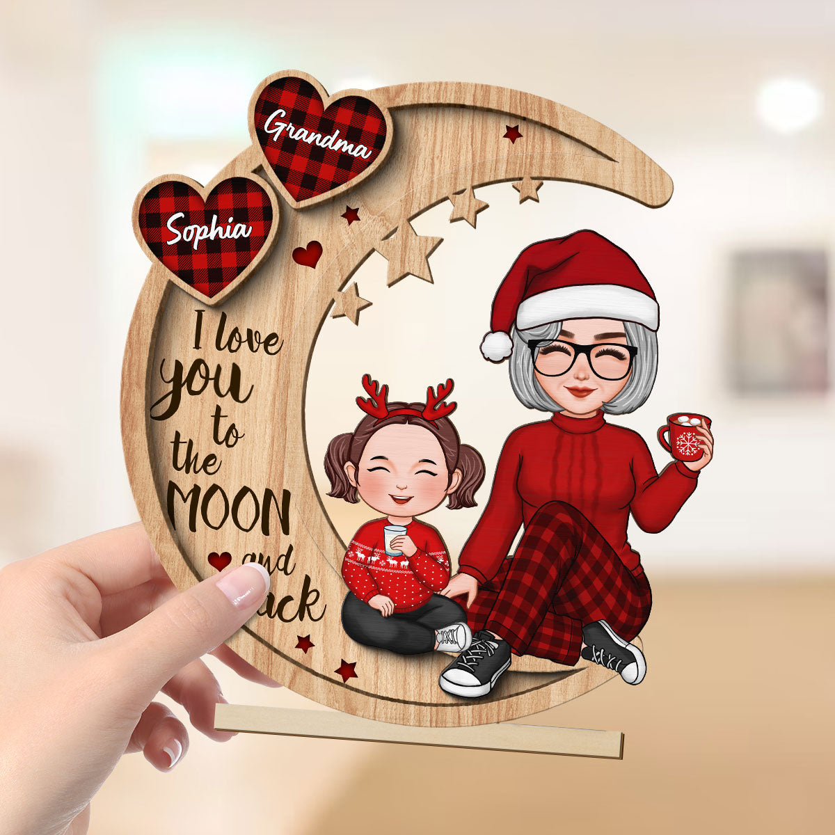 Checkered Pattern Heart Cute Grandma Grandkids Sitting On Moon Christmas Personalized 2-Layer Standing Wooden Plaque