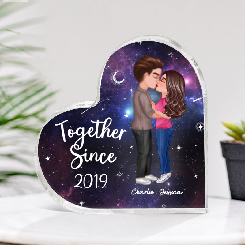 Doll Couple Kissing In Galaxy Night Personalized Heart Acrylic Plaque